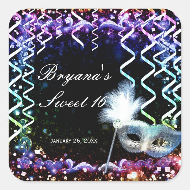 Rainbow Glow Masquerade Mask Birthday Party Square Sticker (Front)