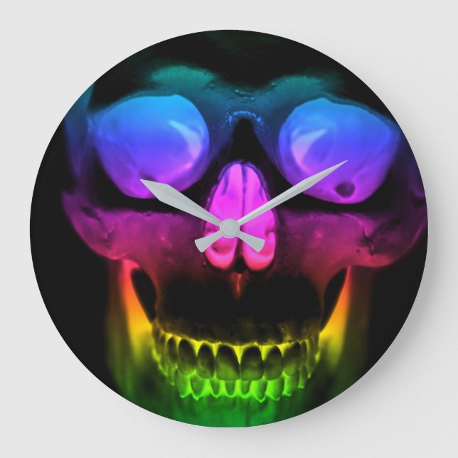 Rainbow Glowing Skull Surreal Gothic Horror Large Clock (Front)