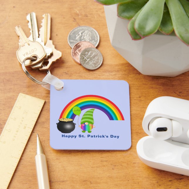Rainbow Gnome Pot of Gold St Paddys Day Metal Sq Keychain (Desk)