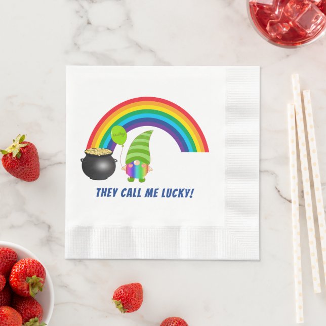 Rainbow Gnome Pot of Gold St Patricks Day Coined Napkin (Insitu)