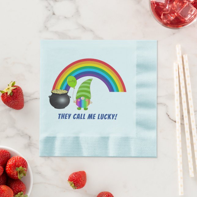 Rainbow Gnome Pot of Gold St Patricks Day Coined Napkin (Insitu)