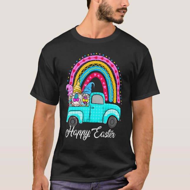 Rainbow gnomes with Bunny Eggs Hunting Truck Easte T-Shirt (Front)