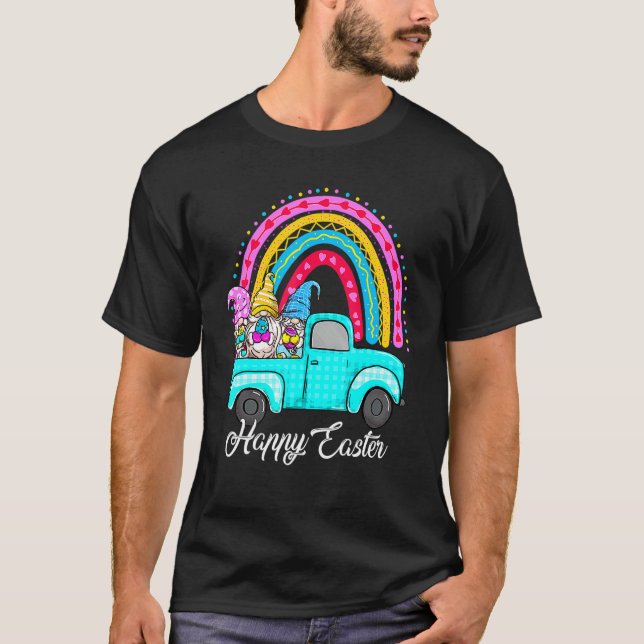 Rainbow Gnomes With Bunny Eggs Hunting Truck Easte T-Shirt (Front)
