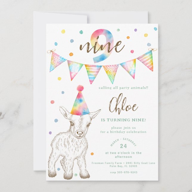 Rainbow Goat 9th Birthday Party Invitation (Front)