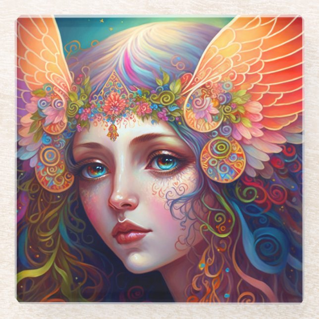 Rainbow Goddess Fantasy Art Glass Coaster (Front)