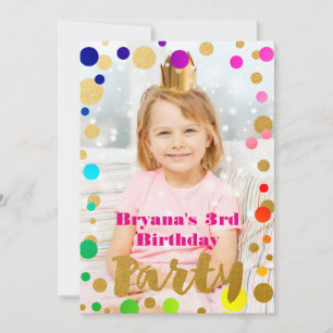 Rainbow Gold Dots Birthday Party Photo Invitation