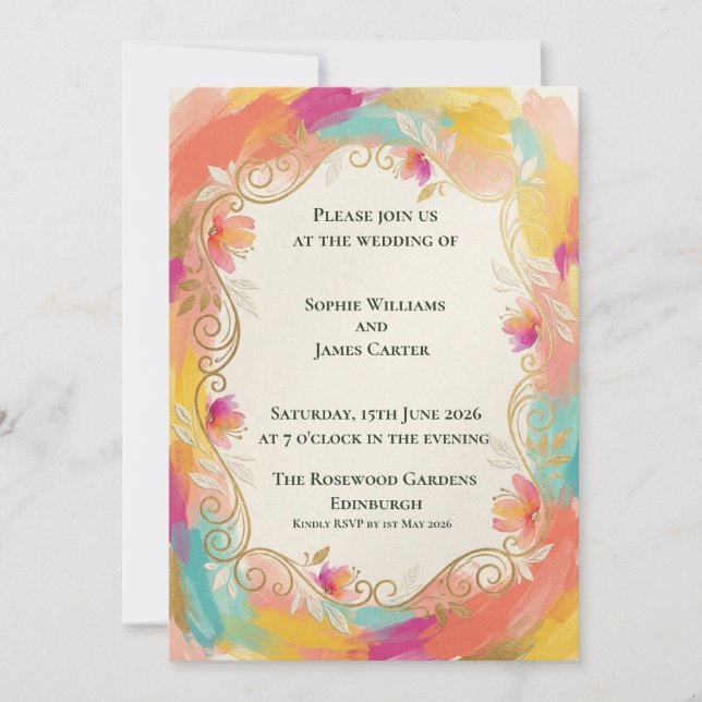 Rainbow Gold Filigree Scottish Wedding Invitation (Front)