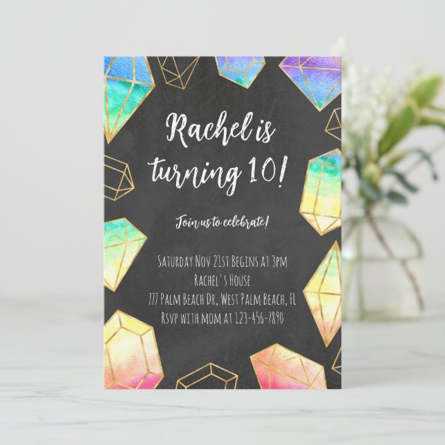 Rainbow & Gold Gemstones Modern Girls Birthday Invitation (Standing Front)