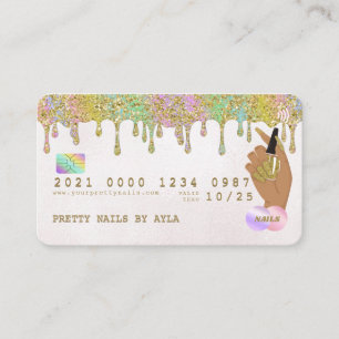 Rainbow Gold Glitter Drip Nail Technician Credit B Business Card