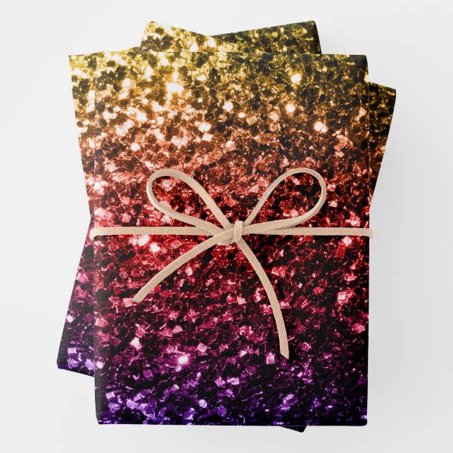 Rainbow gold red purple faux glitter sparkles wrapping paper sheet (In situ)
