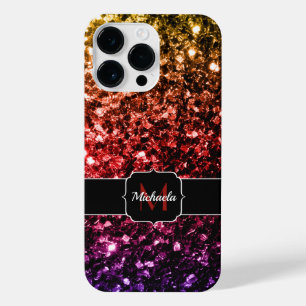 Rainbow gold red purple faux sparkles Monogram iPhone 14 Pro Max Case