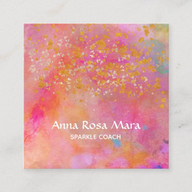 *~* Rainbow Gold Sparkle Glitter Abstract Square Business Card (Front)