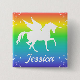 Rainbow Gradient and Unicorn Silhouette with Stars 2 Inch Square Button