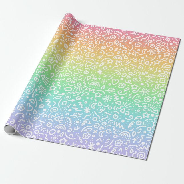 Rainbow Gradient Doodles Wrapping Paper (Unrolled)