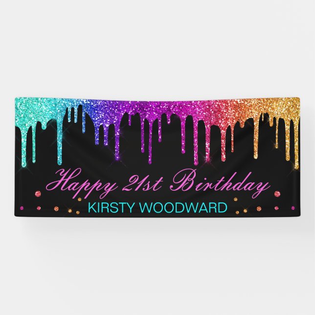 Rainbow Gradient Dripping Glitter Birthday Banner (Horizontal)