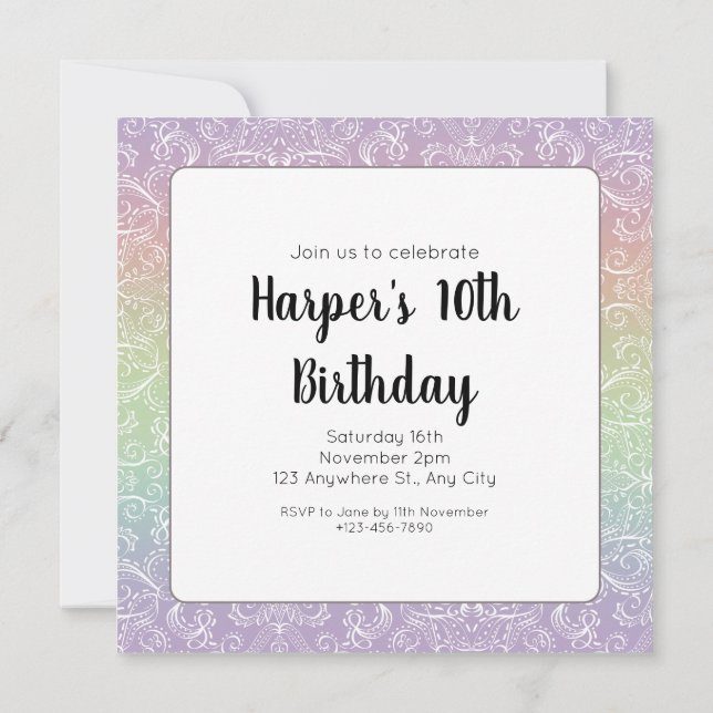 Rainbow Gradient Lace Pattern Birthday Invitation (Back)
