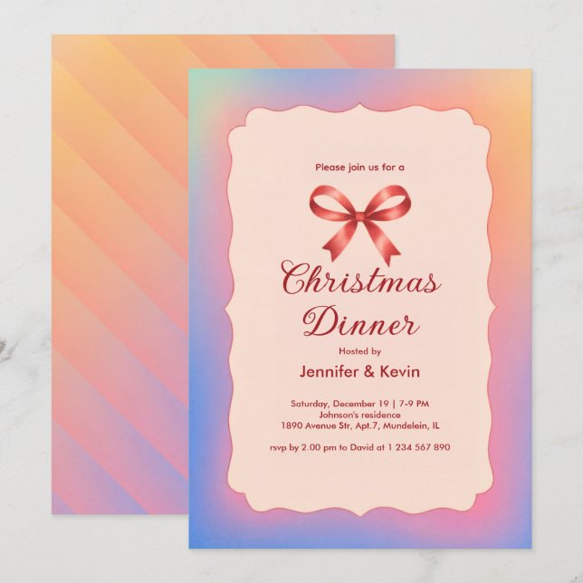 Rainbow Gradient Red Bow Christmas Dinner  Holiday Card (Front/Back)