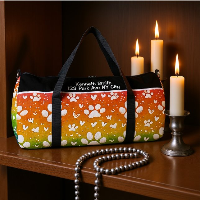 Rainbow Gradient White Paw Print Monogram Personal Duffle Bag (Creator Uploaded)
