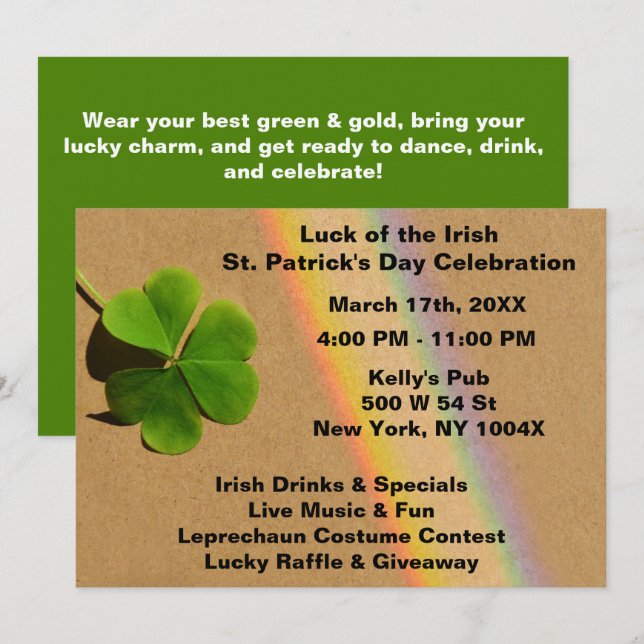 Rainbow & Green Clover Drinking Irish   Invitation (Front/Back)