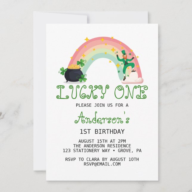 Rainbow & Green Clover Lucky One First Birthday  Invitation (Front)