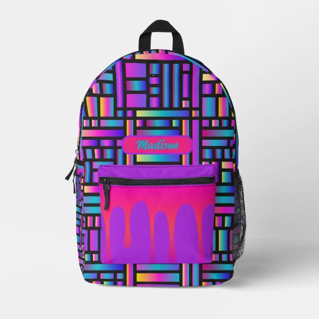 Rainbow Grid Glow Personalized Drip Pocket Edition Printed Backpack (Front)