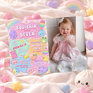 Rainbow Groovy Squishy Girl 7th Birthday Photo Invitation