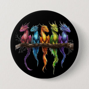 Rainbow Group of Baby Dragons on Black 3 Inch Round Button