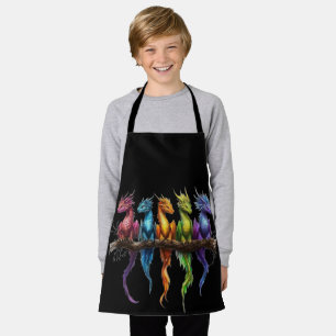 Rainbow Group of Baby Dragons on Black Apron