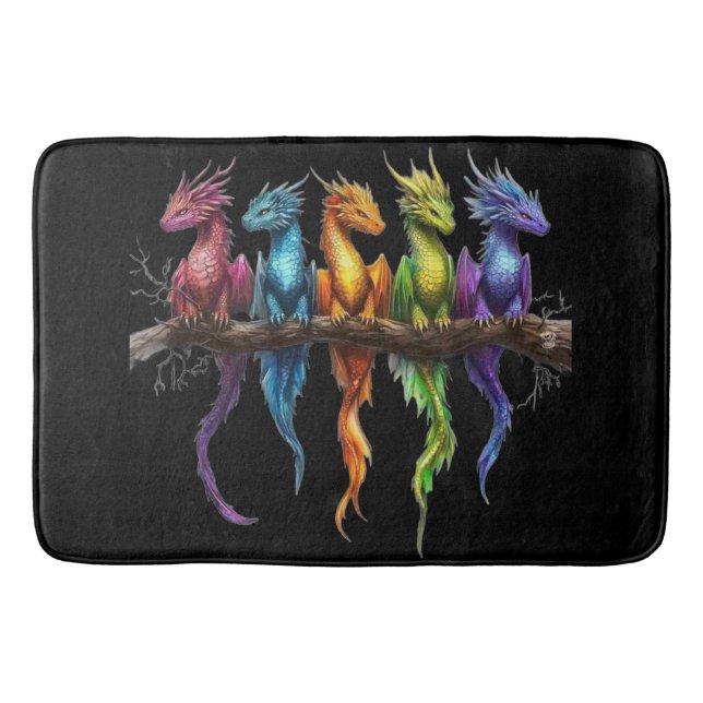 Rainbow Group of Baby Dragons on Black Bath Mat (Front)