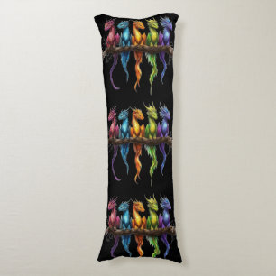 Rainbow Group of Baby Dragons on Black Body Pillow