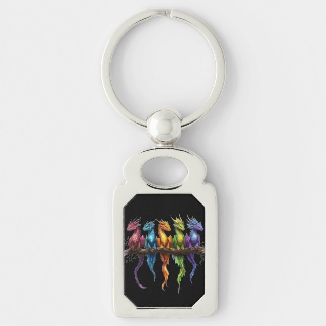Rainbow Group of Baby Dragons on Black Keychain (Front)