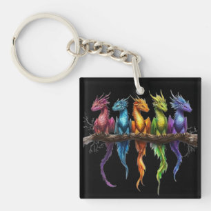 Rainbow Group of Baby Dragons on Black Keychain