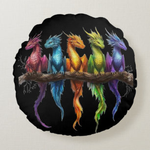 Rainbow Group of Baby Dragons on Black Round Pillow