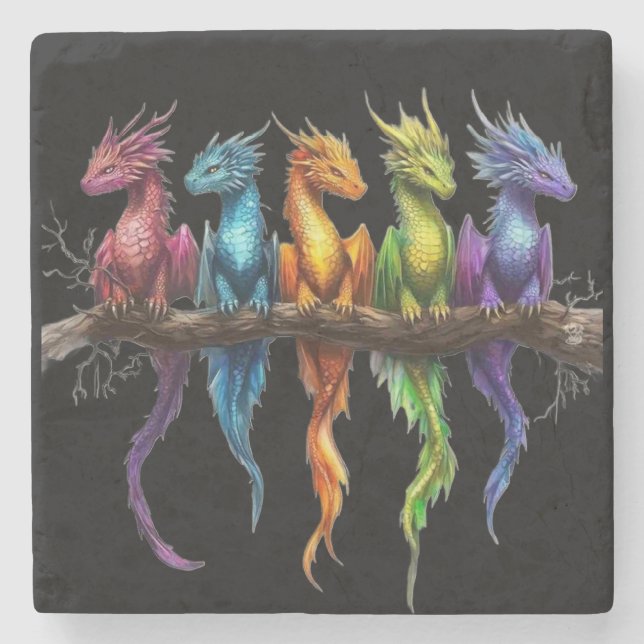 Rainbow Group of Baby Dragons on Black Stone Coaster (Front)