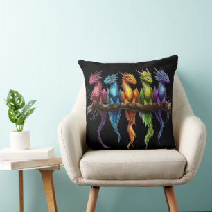 Rainbow Group of Baby Dragons on Black Throw Pillow