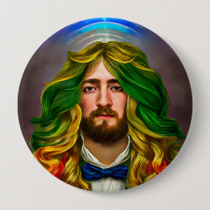 Rainbow Hair Man Of Love Fantasy surreal LGBTQ Art 4 Inch Round Button