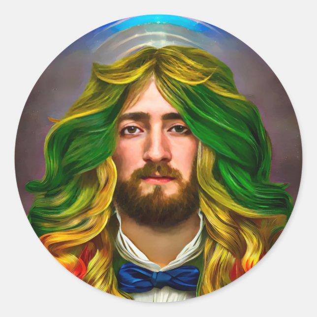 Rainbow Hair Man Of Love Fantasy surreal LGBTQ Art Classic Round Sticker (Front)