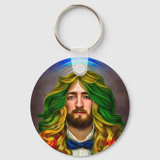 Rainbow Hair Man Of Love Fantasy surreal LGBTQ Art Keychain (Front)
