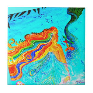 rainbow hair mermaid blue tile