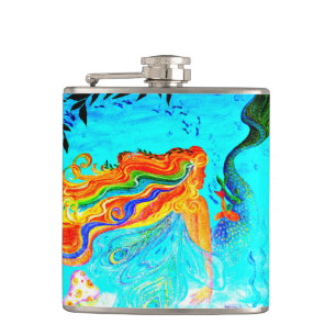 rainbow hair mermaid hip flask