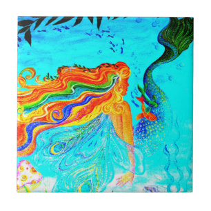 rainbow hair mermaid tile