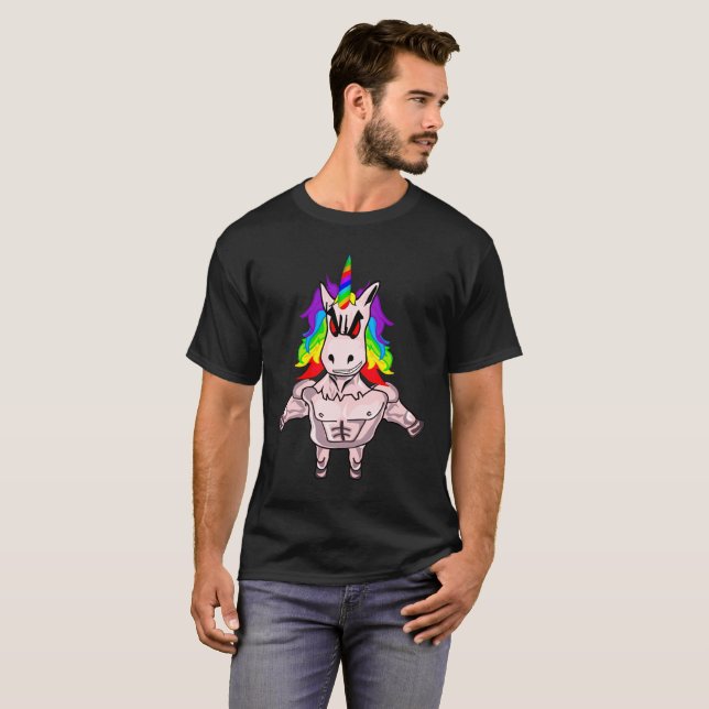 Rainbow Hair Muscular Unicorn Body Building T-Shirt (Front Full)