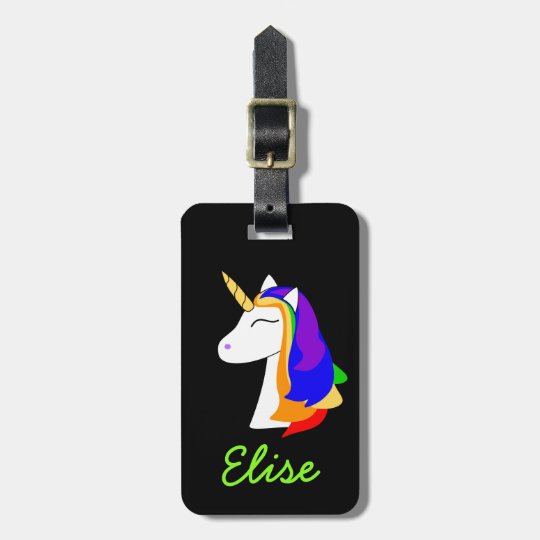 Rainbow hair unicorn black luggage tag