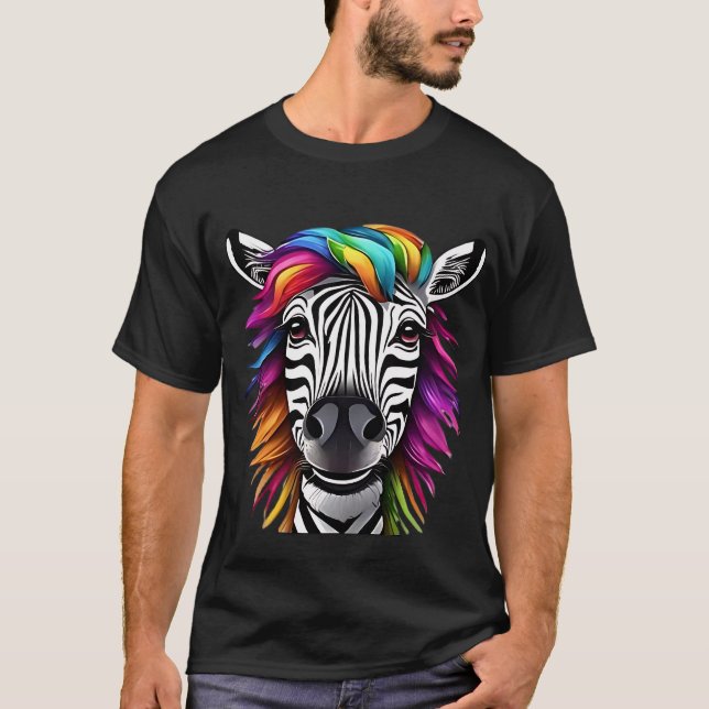 "Rainbow Hair Zebra Tee - Vibrant Colours in Natur (Front)