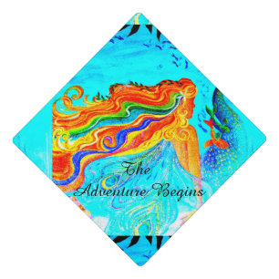rainbow haired mermaid blue graduation cap topper
