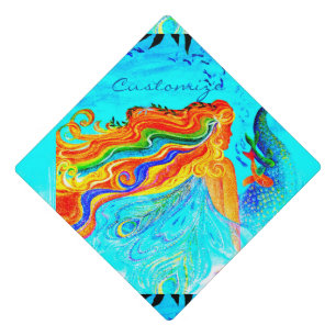 rainbow haired mermaid blue graduation cap topper