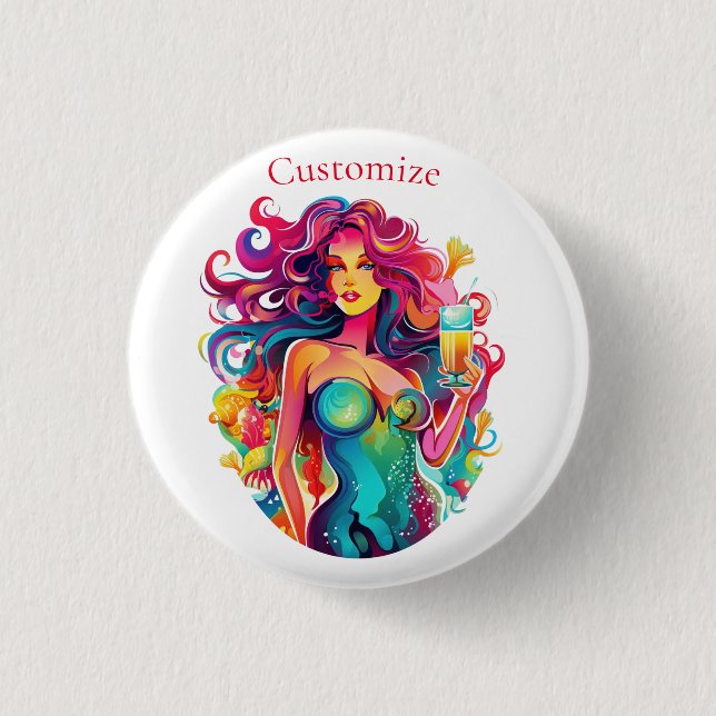 Rainbow-haired Mermaid With Cocktail  1 Inch Round Button (Front)