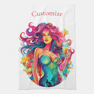 Rainbow-haired Mermaid With Cocktail  Kitchen Towel