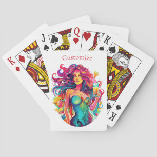 Rainbow-haired Mermaid With Cocktail Playing Cards