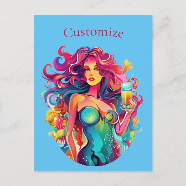 Rainbow-haired Mermaid With Cocktail Postcard (Front)
